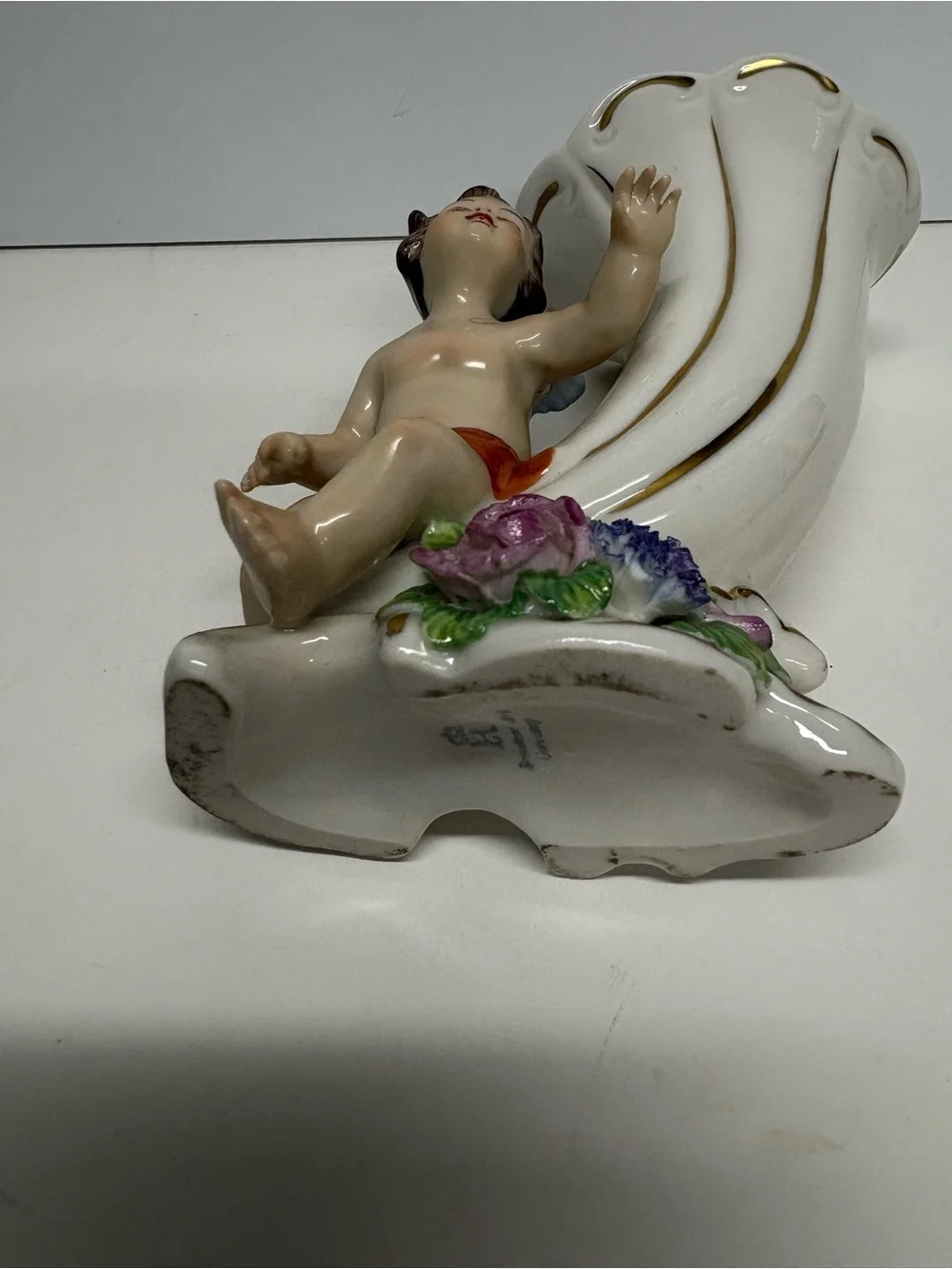 Vintage German Porcelain Cherub Cornucopia Vase Floral Accents